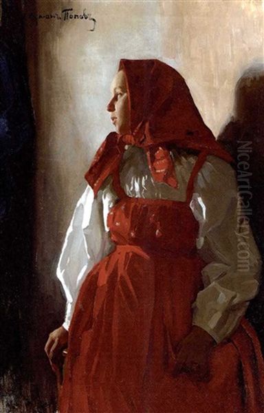 Young Girl In A Red Sarafan Oil Painting by Lukian Vasilievich Popov