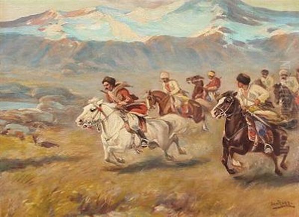 Mountain Landscape With Tcherkezian Horsemen Oil Painting by Jon Popp