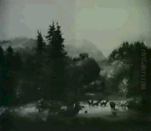 Figures And Cows In An Alpine Landscape Oil Painting by Rudolf (Heinrich Albert) Poeppel
