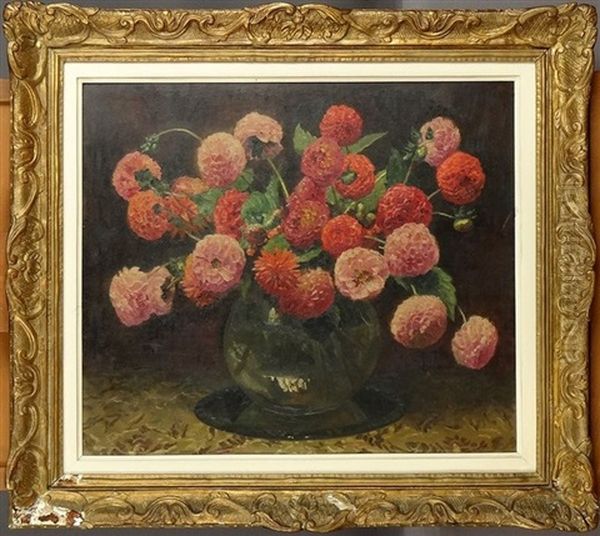 Vase De Fleurs Dahlia Pompom Oil Painting by Oswald Poreau