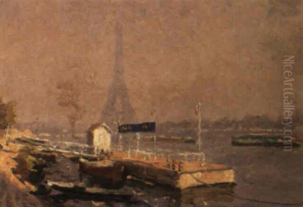 A View Of A Quay Along The Seine In Paris, The Eiffel Tower In The Distance Oil Painting by Oswald Poreau