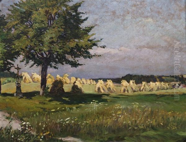 Summer Landscape With Sheaves Oil Painting by Gustav Pors