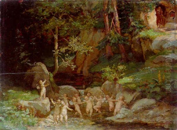 Puttenreigen Am Waldbach Oil Painting by Otto Maria Porsche
