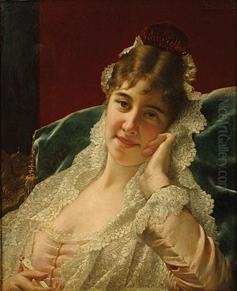 Dame Met Kantwerk Oil Painting by Jan Portielje