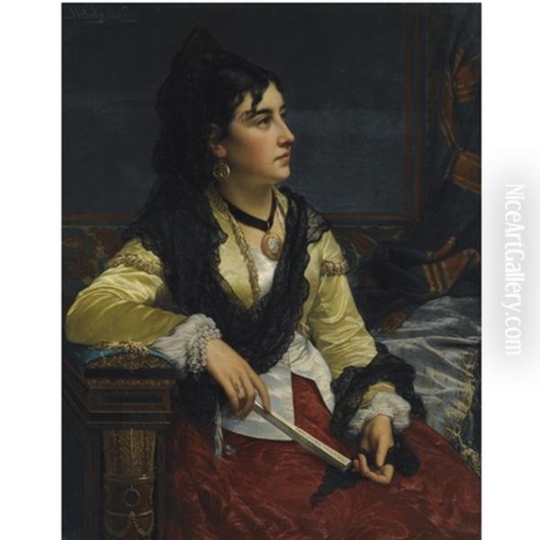 Girl With Mantilla Oil Painting by Jan Portielje