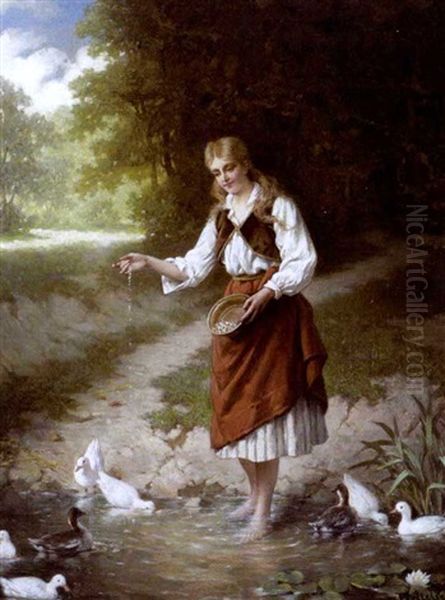 Het Voederen Van De Eenden Oil Painting by Jan Frederik Pieter Portielje