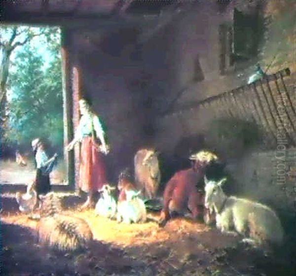 Children And Farm Animals In Abarn Oil Painting by Jan Portielje