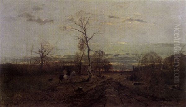 Herbstlandschaft Mit Zwei Reitern In Der Abenddammerung Oil Painting by Richard Von Poschinger