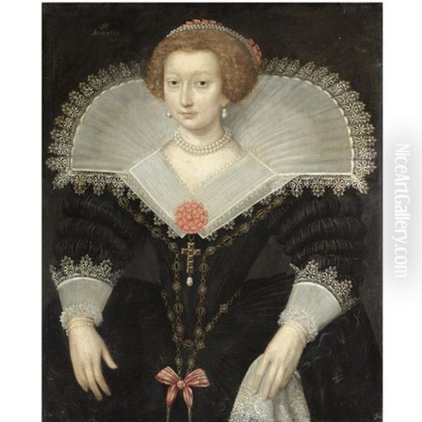 A Portrait Of A Lady, Three-quarter Length, Wearing A Black Dress And White Lace Collar Oil Painting by Frans Pourbus the Elder