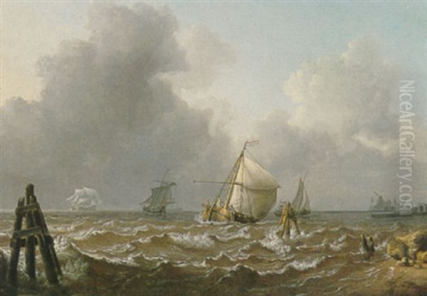 Dutch Men Of War And Barges Off The Coast In A Breeze Oil Painting by Charles Martin Powell