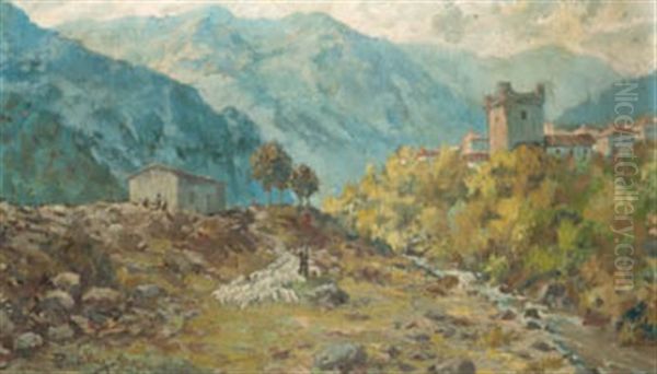 Potes. Picos De Europa Santander Oil Painting by Miguel Pradilla Gonzalez