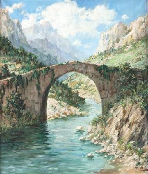 Puente Con Rio Oil Painting by Miguel Pradilla Gonzalez