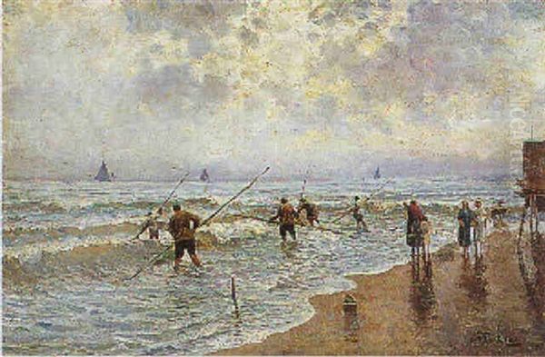 La Pesca A Riva Oil Painting by Attilio Pratella