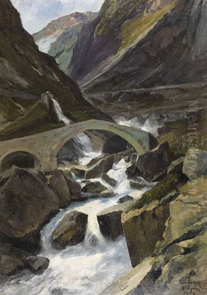 Alte Brucke Auf Dem Gotthard Bei Goschenen (teufelsbrucke) Oil Painting by Friedrich, the younger Preller
