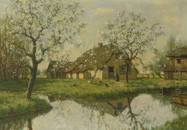 Fruhlingslandschaft Mit Teich Und Reetgedeckten Katen Oil Painting by Jan Rudolph Prend