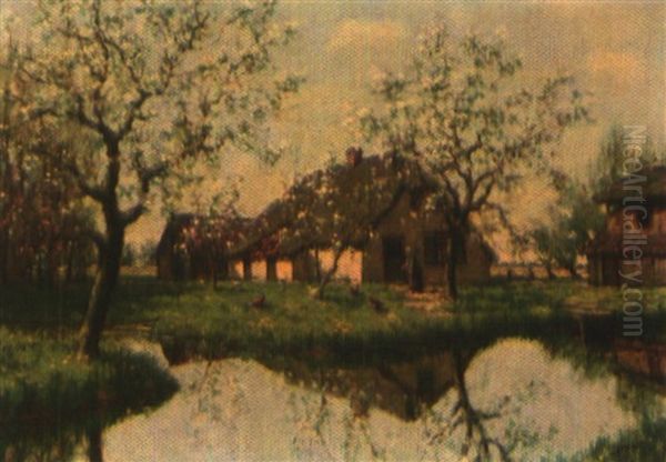 Fruhlingslandschaft Mit Teich Und Reetgedeckten Katen Oil Painting by Jan Rudolph Prend