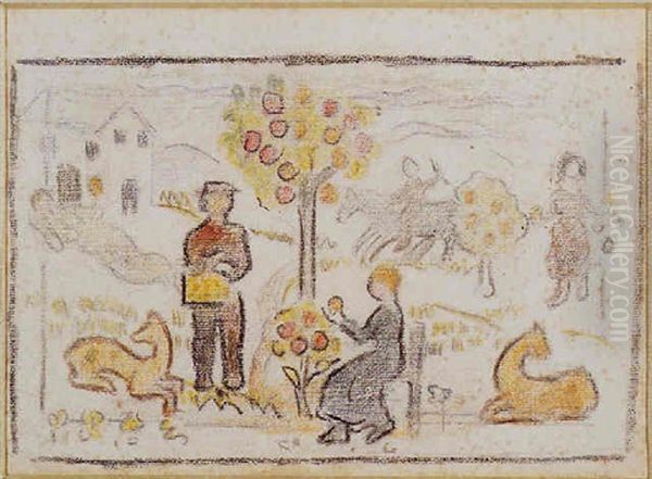 Autumn Apple Picking Oil Painting by Charles E. Prendergast
