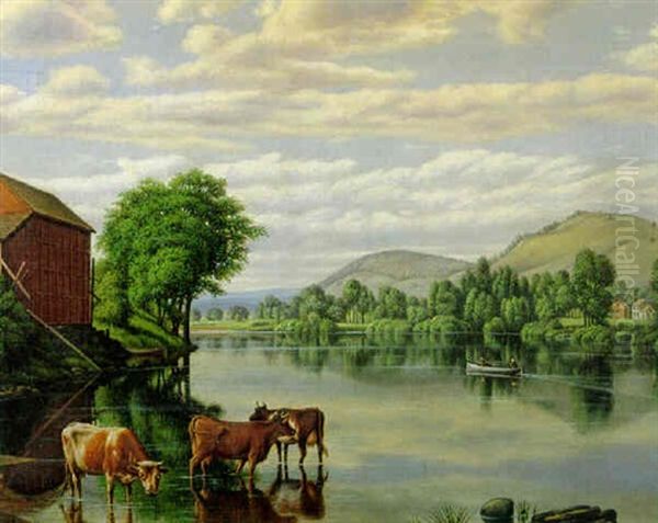 Cows Drinking From River Within A Landscape Oil Painting by Levi Wells Prentice