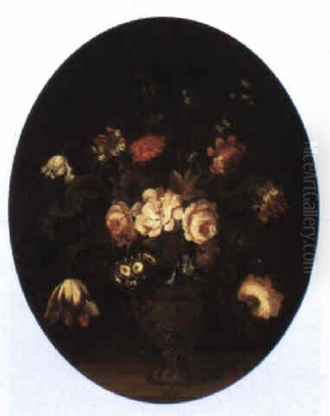 Still Life Of Flowers In A Vase On A Ledge Oil Painting by Jean Louis Prevost