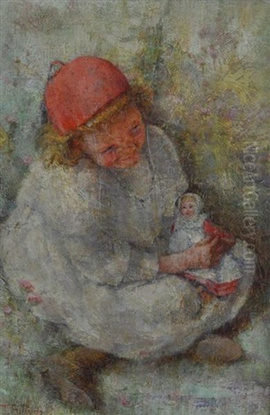 Portrait Of Young Girl With Her Doll Oil Painting by Jane R. Price