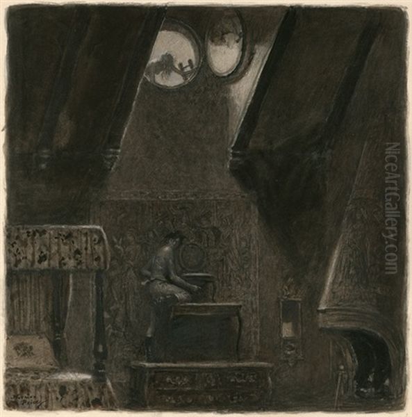 Man Climbing To Escape Through Circular Window (illus. For The Rake And The Hussy) Oil Painting by Norman Mills Price