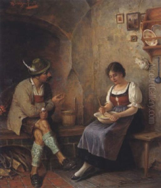 Unterhaltung In Der Bauernkuche Oil Painting by Alois Heinrich Priechenfried