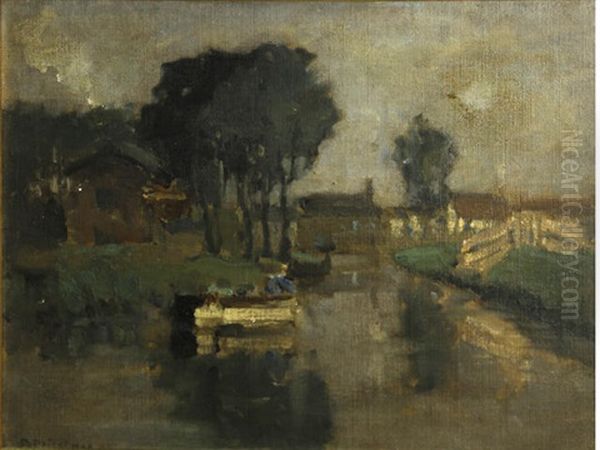 A River View With Houses Oil Painting by Bertram Priestman