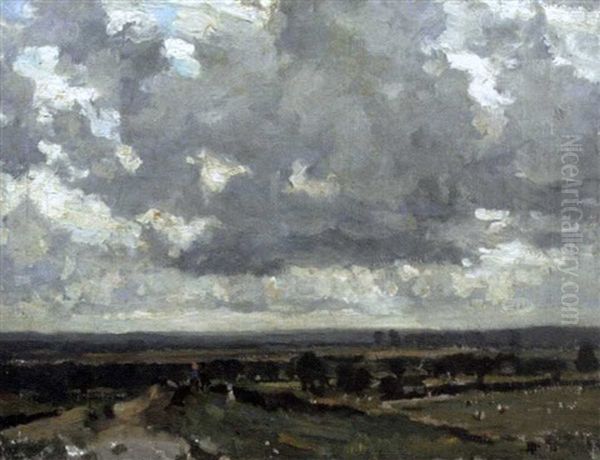 Suffolk Landscape With Figures And Cows Grazing In The Distance Oil Painting by Bertram Priestman