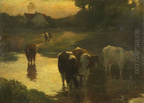Cattle At The Water's Edge Oil Painting by Bertram Priestman