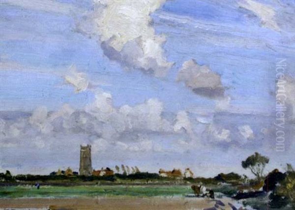 An October Afternoon, Alberswick Church, Suffolk Oil Painting by Bertram Priestman