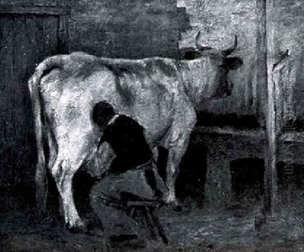 Peasant Milking A Cow In A Stable Oil Painting by Bertram Priestman