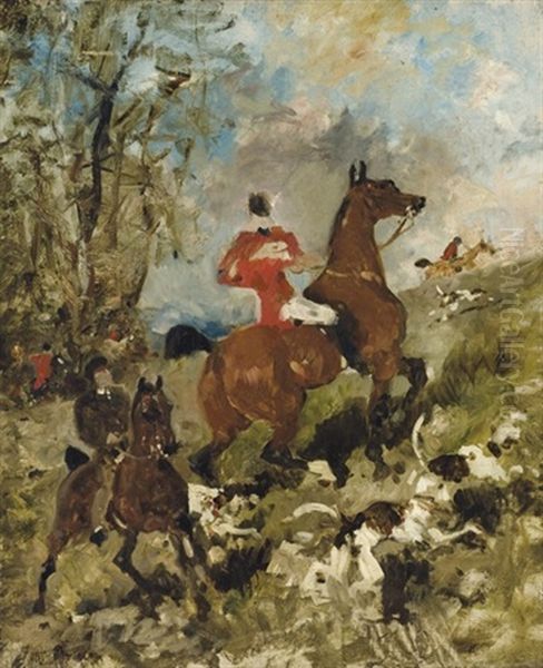 Le Comte Geoffroy De Ruille Et Son Fils A La Chasse Oil Painting by Rene Pierre Charles Princeteau