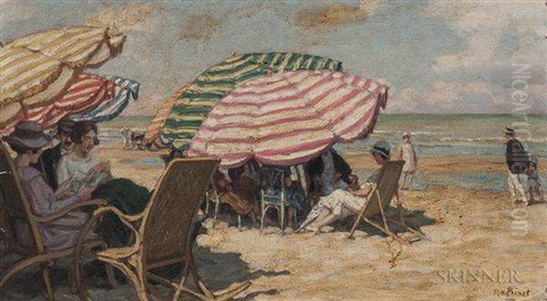 Figures At Leisure Under Striped Beach Umbrellas Oil Painting by Rene Francois Xavier Prinet