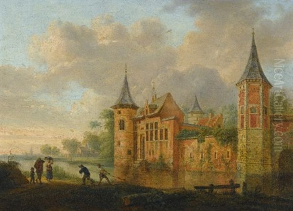 A River Landscape With A Castle And Peasants Fishing In The Foreground (2 Works) Oil Painting by Johannes Huibert Prins