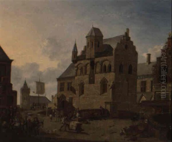 Un Marche Sur La Place D'une Ville Hollandaise Oil Painting by Johannes Huibert Prins