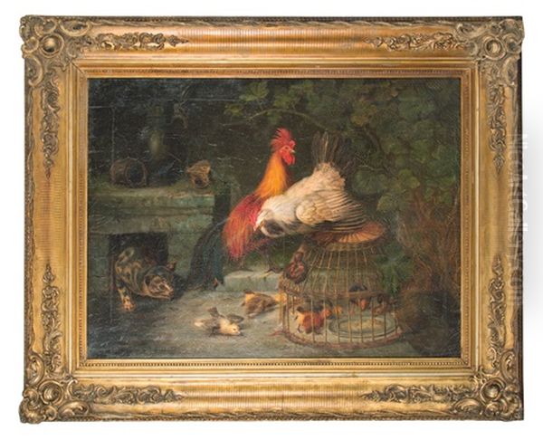 Katze Auf Dem Huhnerhof Oil Painting by Christian August Printz