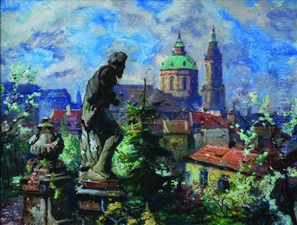 Statue In Prague Castle Garden Oil Painting by Iaro Prochazka