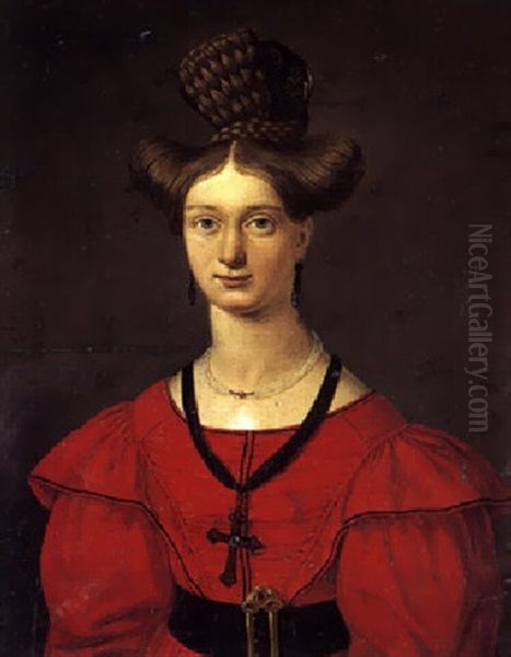 Portraet Af En Dame I Rod Kjole, Kunstnerens Forlovede Og Senere Hustru Mary Texland De Seethorst (?) Oil Painting by Julius Prommel