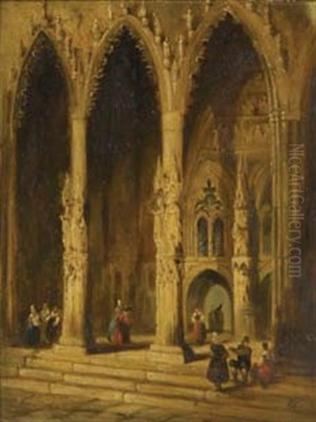 Cathedral Steps With Figures Oil Painting by Samuel Prout