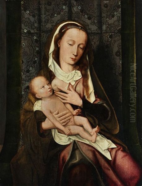 Maria Lactans - Maria Mit Dem Kind Vor Einer Brokatruckwand Oil Painting by Jan Provoost