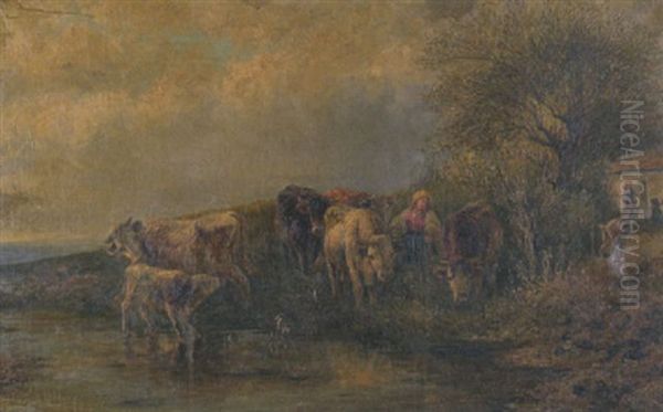 Magd Mit Kuhen An Der Tranke Oil Painting by Gustav Prucha