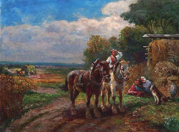 Mittagspause Bei Der Kornernte Oil Painting by Gustav Prucha