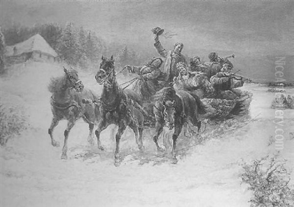 Schlittenfahrt Im Winter Oil Painting by Gustav Prucha