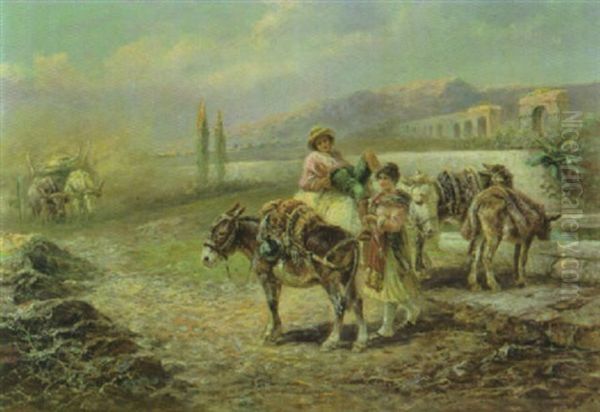 Bauernpaar Mit Maultieren In Der Campagna Mit Einem Aquadukt Rechts Oil Painting by Gustav Prucha