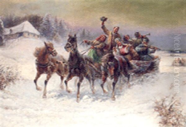 A Sledge In A Winter Landscape Oil Painting by Gustav Prucha