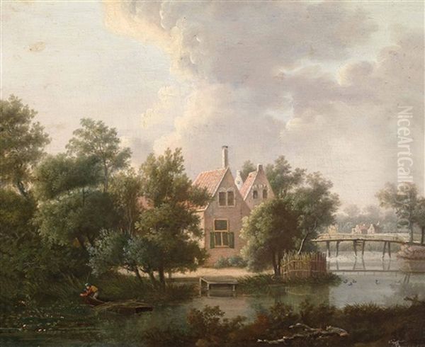 Hollandische Flusslandschaft Mit Einem Landhaus Unter Baumen Oil Painting by Anthonie Daniel Prudhomme