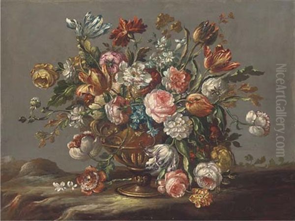 Parrot Tulips, Roses, Narcissi And Other Flowers In An Urn In A Clearing Oil Painting by  Pseudo Guardi