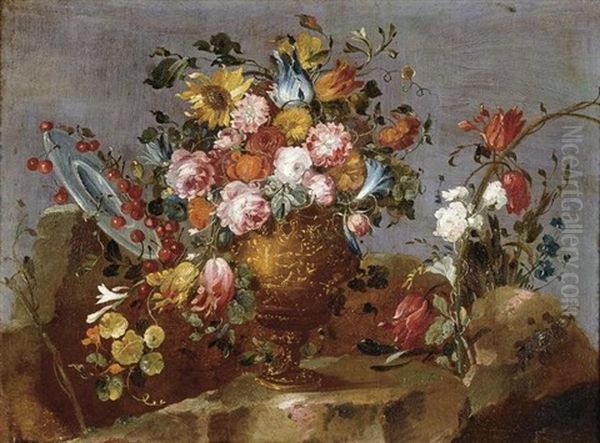 Still Life Of Flowers In A Vase Resting On A Stone Ledge With A Plate Of Cherries Oil Painting by  Pseudo Guardi