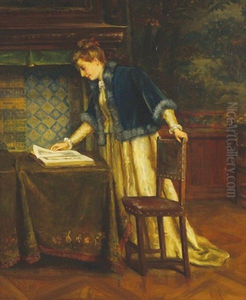 Young Lady In An Interior Reading A Book, Wearing A Velvet Ermine Cloak And Silk Dress Oil Painting by Sarah Henrietta Purser