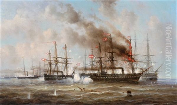 Seeschlacht Oil Painting by Josef Karl Berthold Puettner